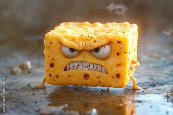 Fototapeta Angry sponge transformed into a cracker with legs and arm, captured in a photorealistic style, showcasing a unique, anthropomorphic character.