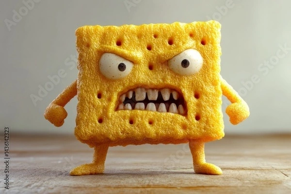 Obraz Angry sponge transformed into a cracker with legs and arms, captured in a photorealistic style, showcasing a unique, anthropomorphic character with a fierce expression.