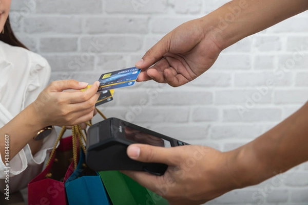 Obraz Customer woman using credit card for payment. Salesman holding a credit card swipe machine or electronic data capture along with accepting credit cards from customers.
