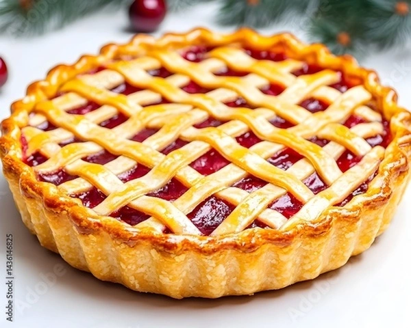 Fototapeta A lattice-top fruit pie with a glossy, red berry filling, sits on a white surface near evergreen sprigs