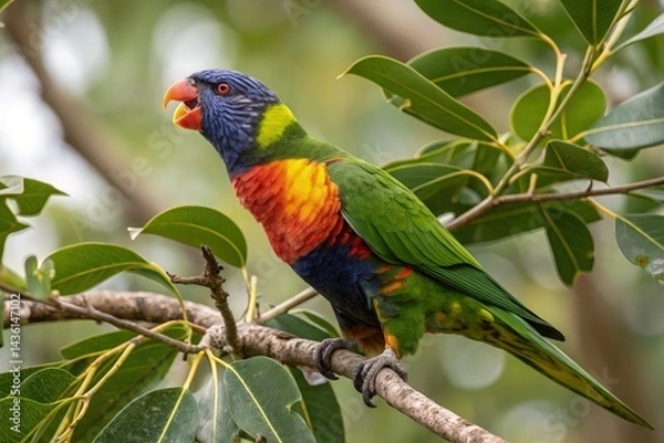 Fototapeta Colorful Parrot Perched on Branch in Lush Environment Generative AI