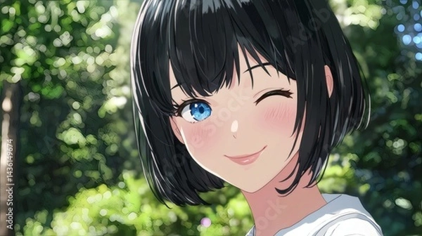 Fototapeta A cute anime girl with one eye closed, winking happily in the sun, and a gentle smile on her face. She is in a beautiful green environment