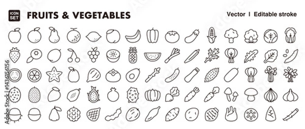 Obraz Fruits and vegetables line icon set. Vector editable stroke icon.