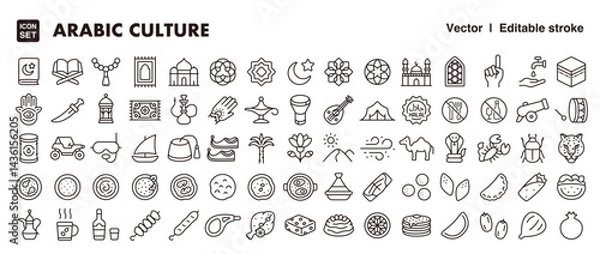 Obraz Big set of arabic culture icon.Vector editable stroke line icon.