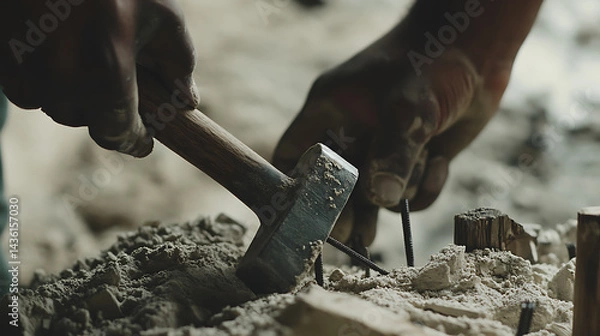 Fototapeta Hands Using a Chisel and Hammer on Stone