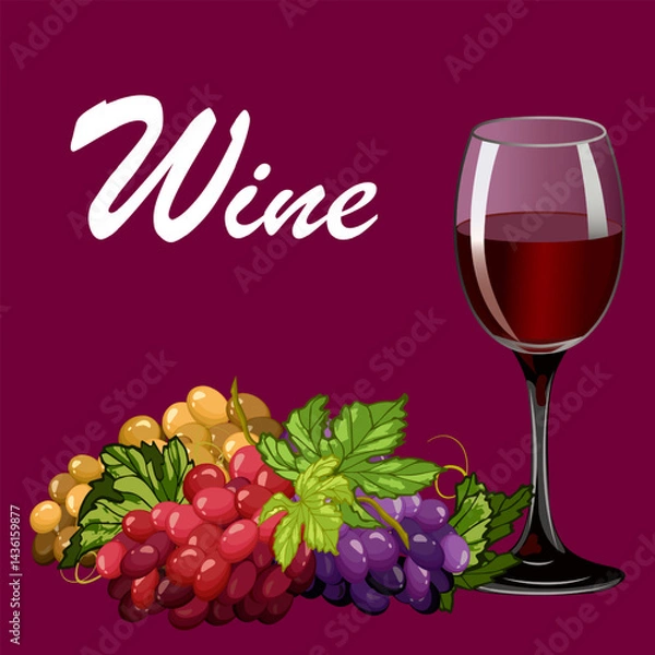 Fototapeta A glass of wine and bunches of grapes.Vector illustration with bunches of colorful grapes and a glass of wine.
