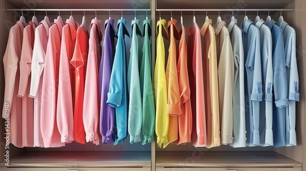 Fototapeta Organized Closet Displaying Colorful Shirts and Blouses in Rows