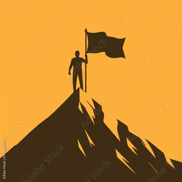 Fototapeta Man holding flag on top of the mountain vector background. Achievement, success concept illustration.