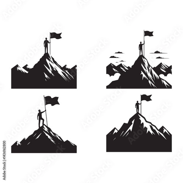 Fototapeta Set of man holding a flag on top of mountain silhouette vector. Achievement, success concept illustration.