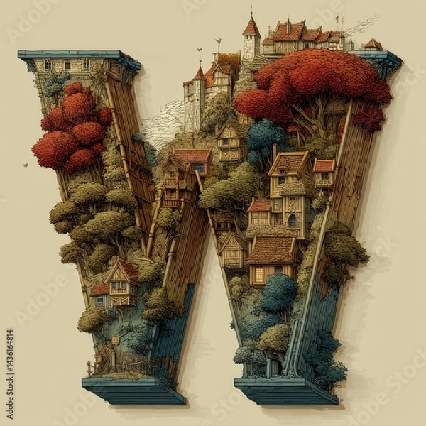 Fototapeta Whimsical Landscape with Stylized Letters and Charming Houses