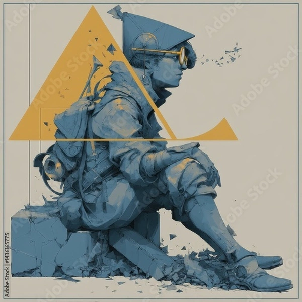 Fototapeta Thoughtful Character in Futuristic Outfits Surrounded by Geometric Shapes