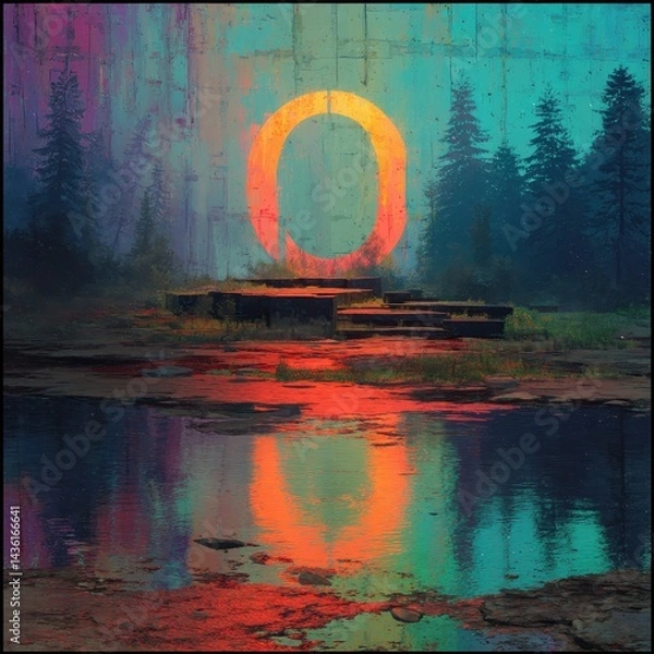 Fototapeta Mystical Landscape with Abstract Circle and Forest Reflection