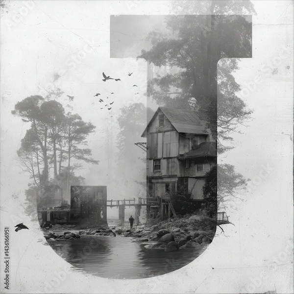 Fototapeta Enigmatic House Surrounded by Misty Forest and Serene River Scene