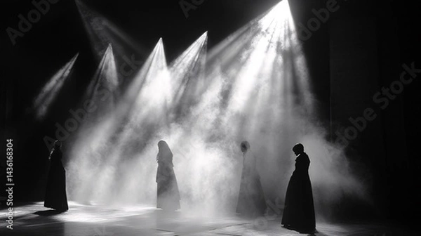 Obraz Silhouetted dancers perform on stage, spotlight dramatic effect, smoky atmosphere, theatrical production