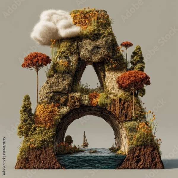 Fototapeta Serene Mountain Landscape with Trees, Cloud, and Boat in Water