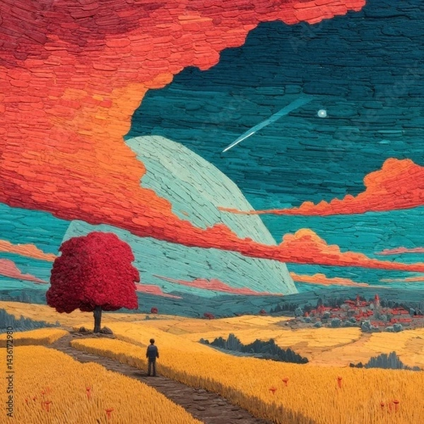 Fototapeta Surreal Landscape with Bright Colors and Dreamlike Clouds at Dusk