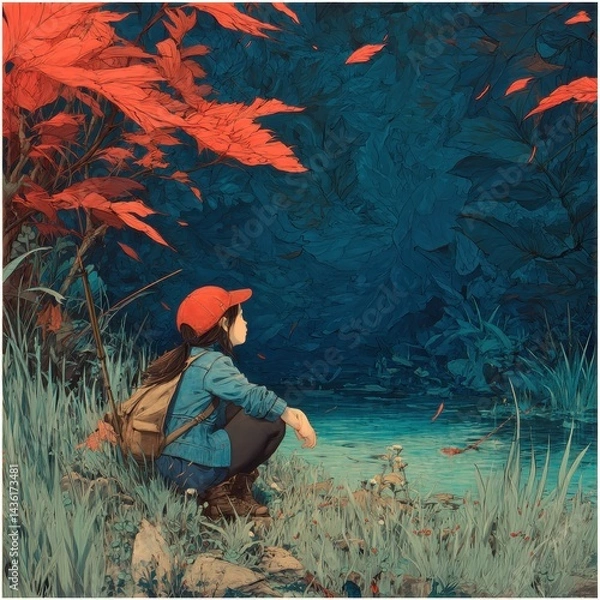 Fototapeta Serene Discovery in Nature's Embrace with Vibrant Red Foliage