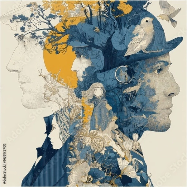 Fototapeta Surreal Portrait Art with Nature Elements and Human Profiles