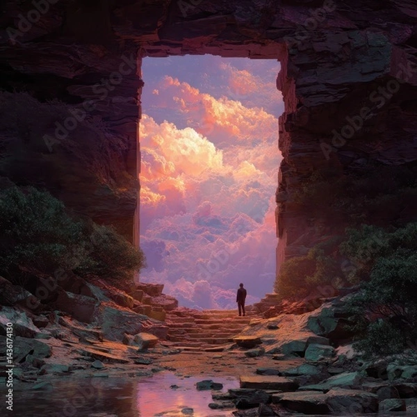 Fototapeta Surreal Landscape View with Person Standing at Rocky Arch Entrance