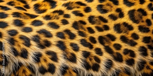 Fototapeta Close-up view of a textured feline coat with a unique pattern of dark spots on a light, golden background