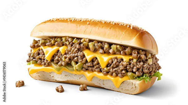 Fototapeta "A perfectly assembled chopped cheese sandwich, featuring finely chopped seasoned beef and melted cheese, layered with lettuce, tomato, and onions inside a toasted hero roll