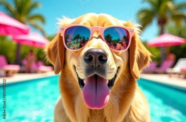 Fototapeta selfie of a funny dog ​​in sunglasses against the backdrop of a swimming pool