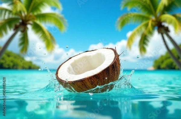 Obraz half a coconut floating in crystal blue ocean water on a tropical beach