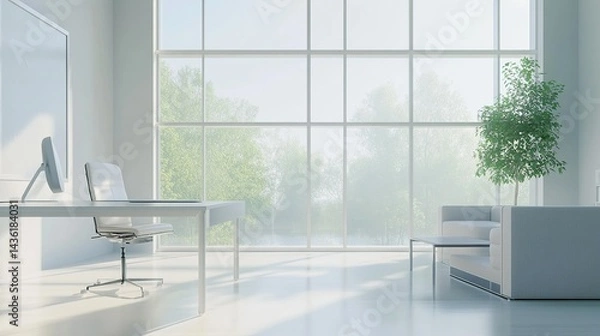 Fototapeta A minimalist home office with clean lines, ergonomic furniture, and large windows offering natural light.