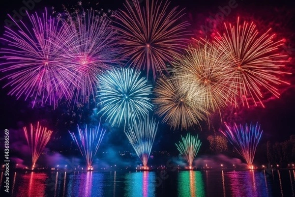 Fototapeta Vibrant Fireworks Display Over Water at Night with Colorful Burst