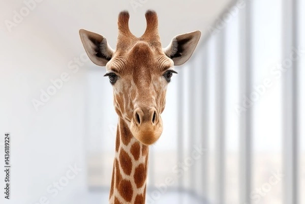 Obraz Tall giraffe with brown spots extending neck upwards against white sky background in centered composition captured in high resolution wildlife portrait image with soft daylight tones