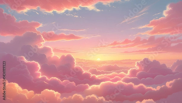 Fototapeta A beautiful orange and red sunset painted the evening sky over the distant mountain landscape, with soft clouds catching the last rays of sunlight wallpaper
