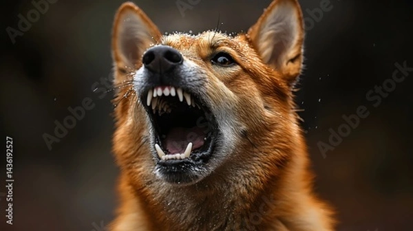 Fototapeta A close-up of a dingo's snarling face, revealing its teeth and intense gaze in a natural setting.