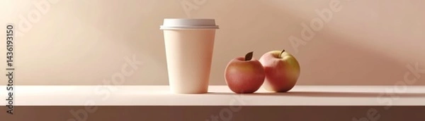 Fototapeta A takeaway cup of coffee and two apples on a simple wooden table, perfect for a morning start. The arrangement shows a simple and balanced diet for a quick start