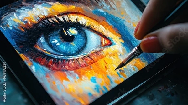 Obraz Tablet showing digital painting app with visible brushstrokes, blending art and technology in creative design.  