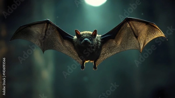 Fototapeta A captivating image of a bat in mid-flight, illuminated with dramatic lighting in the night.