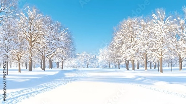 Fototapeta Sunlit snowy landscape; snow-covered trees line a path through a pristine, winter wonderland