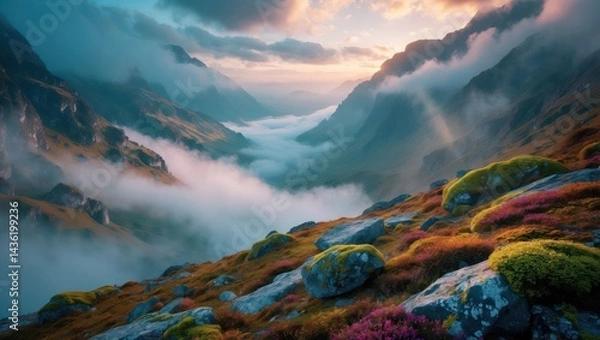 Fototapeta Fog Shrouded Mountain Valley View with Colorful Foreground Rocks