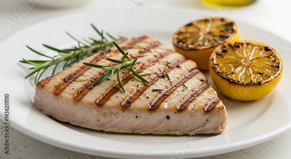 Obraz Grilled Fish Fillet on Plate with Lemon and Rosemary
