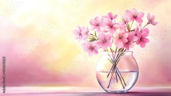 Fototapeta Delicate pink blossoms in a glass vase, bathed in soft sunlight.