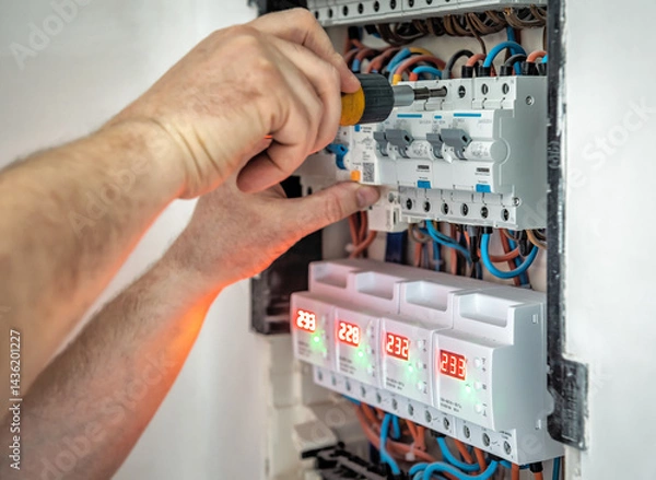 Obraz Hands of professional electrician with screwdriver tighten up switching electric actuator equipment in fuse box