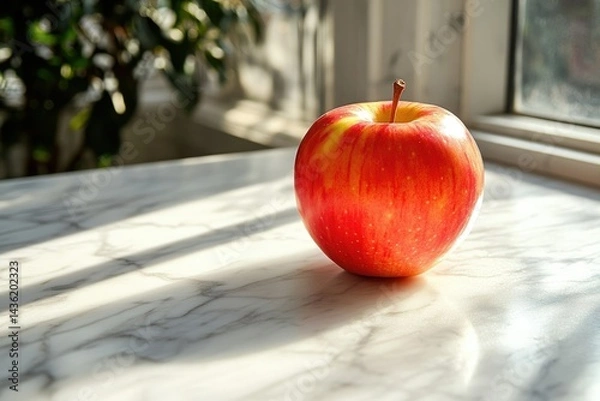 Fototapeta A bright red apple sits on a marble surface bathed in sunlight, beside a window and lush greenery.