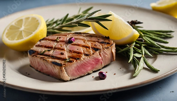 Obraz Grilled Steak with Lemon and Rosemary on Plate Close Up