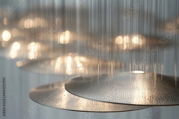 Fototapeta A modern chandelier with circular, textured metal plates suspended by thin wires, illuminated by soft, warm bokeh lights.