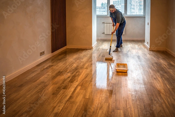 Obraz Parquet floor renovation. Lacquering wood floors. Worker carpenter uses a roller to coating floors.