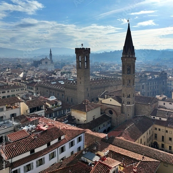 Fototapeta Aerial view of the city of Florence with the tower of the Bargello national museum the Florentine monastery abbey in the foreground, san Firenze square and the facade of the basilica of santa Croce