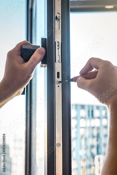 Fototapeta Professional worker adjusting installed window with screwdriver