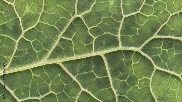 Fototapeta Close up of a leaf with detailed veins and natural pattern. Green and yellow hues