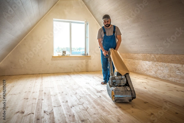 Obraz Professional worker carpenter in blue overalls grinding sanding a wooden floor by using floor sander in cockloft. Floor renovation