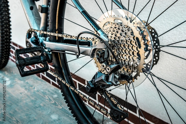 Obraz Shifting gears on rear transmission of bicycle. Rear derailleur, cassette and chain