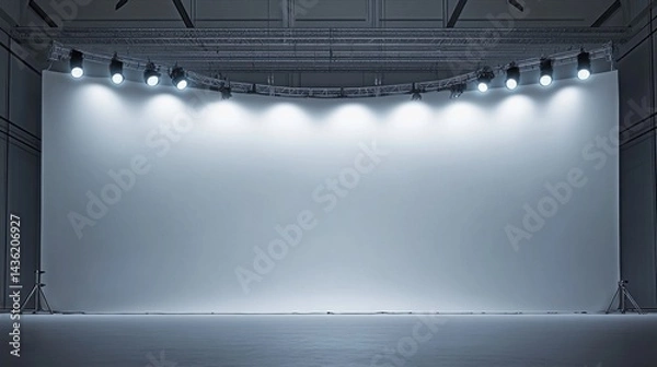 Fototapeta Large white screen in studio lit with spotlights. Template mockup concept. Banner design to display text or images